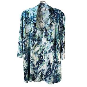 Women with Control Blue Green Abstract Blouse 1XP V-Neck Open Collar Artsy Shirt